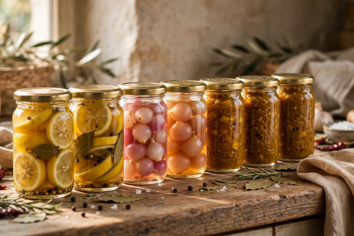 Preserving jars of lemons and pickles lined along a kitchen counter