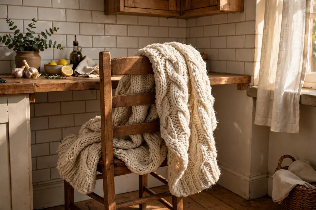 Chunky knit throw draped over a wooden chair in a kitchen corner
