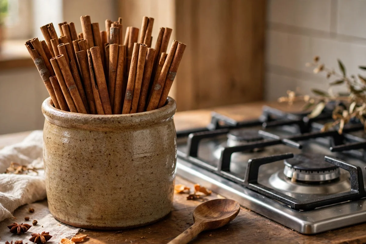 Stoneware crock of cinnamon sticks beside a kitchen hob