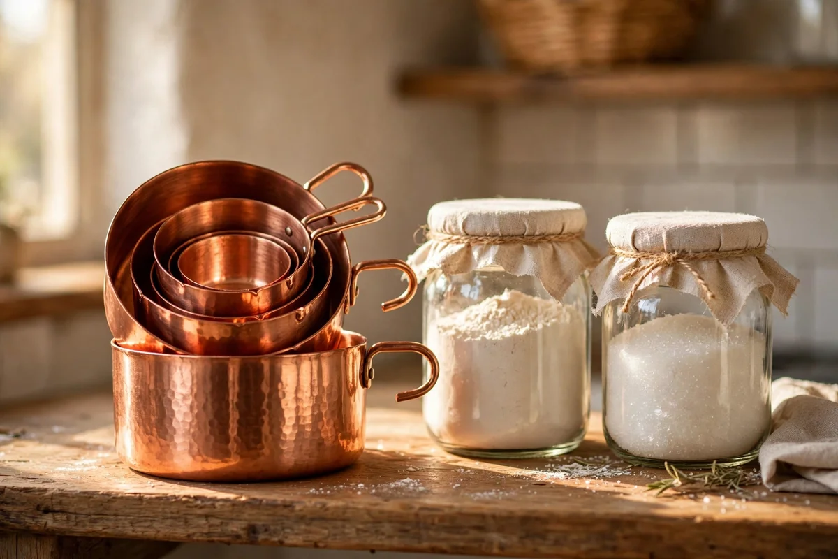 Copper measuring cups displayed on an open kitchen shelf