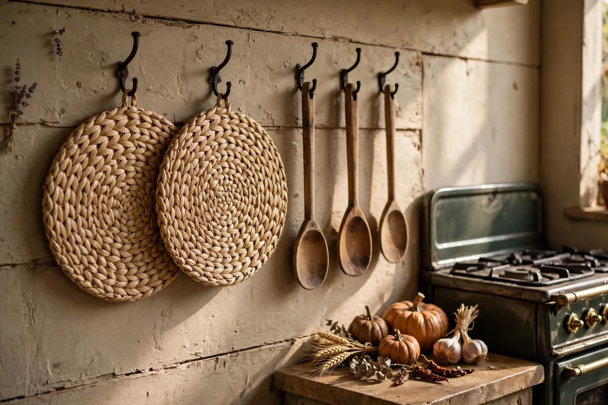 Woven trivets and wooden spoons hanging beside a kitchen stove