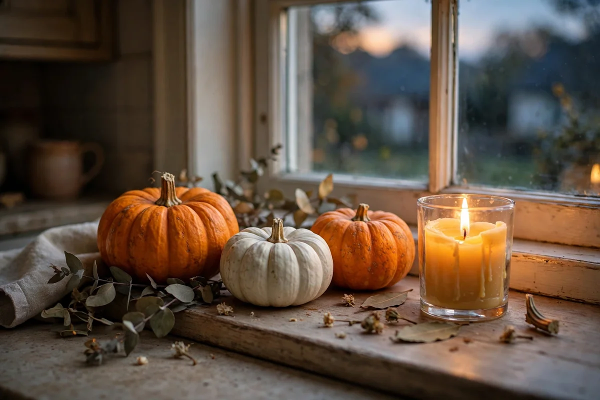 Small pumpkins and a beeswax candle on a kitchen windowsill