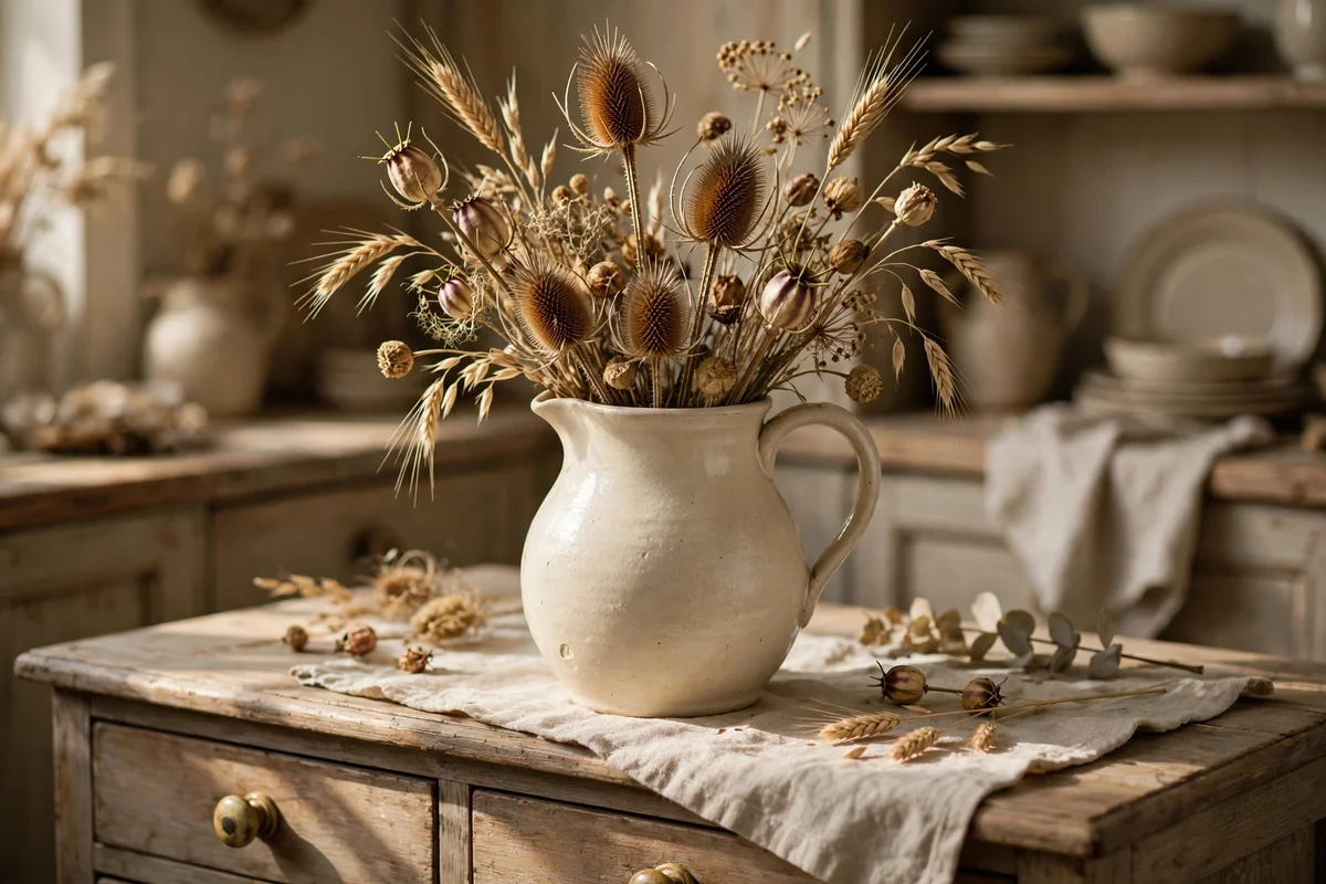 Ceramic pitcher of dried seed heads and barley on a kitchen dresser