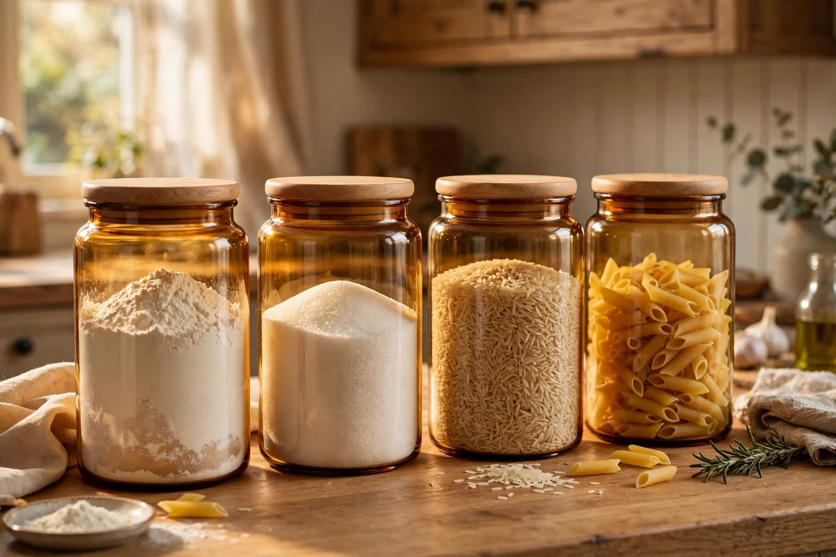 Amber glass canisters of dry goods lined along a kitchen counter