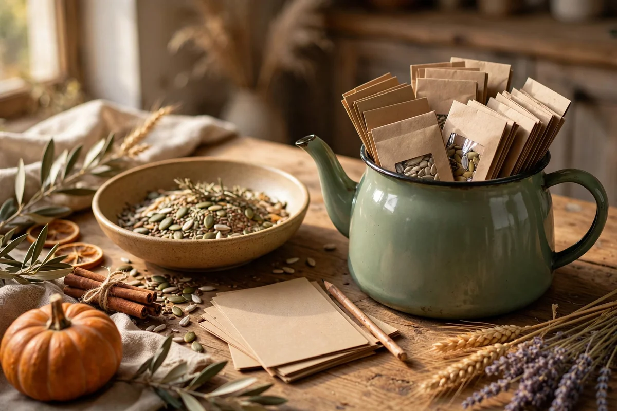 Bowl of seed packets and recipe cards beside a kitchen kettle