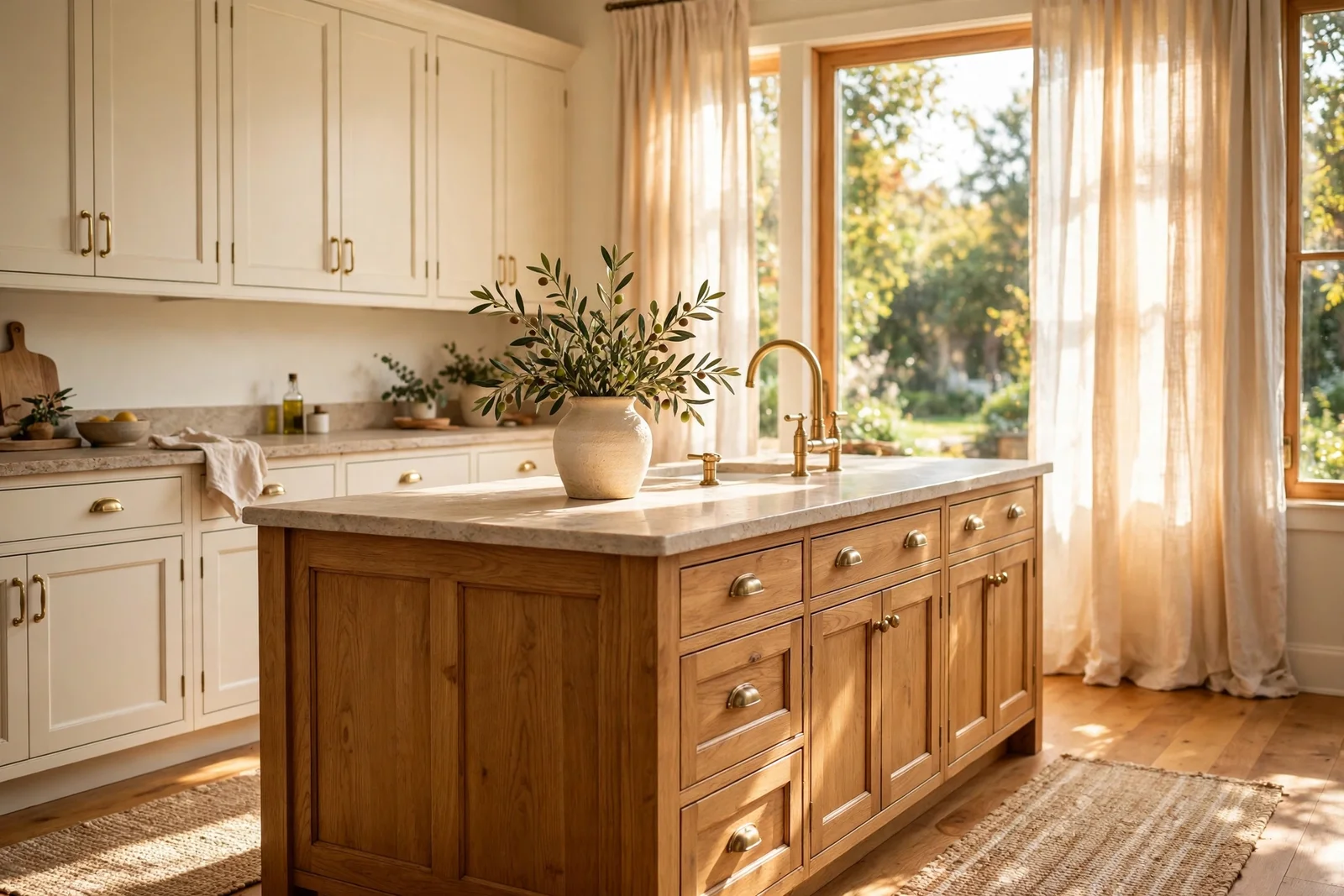 Bright warm white kitchen with creamy cabinets, oak island, brass details and sunlit linen curtains
