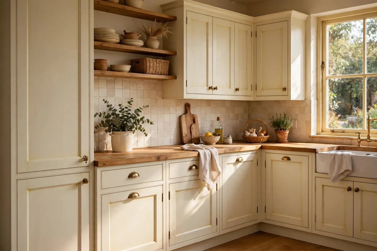 Creamy warm white shaker cabinets with buttery yellow undertones in a sunlit kitchen