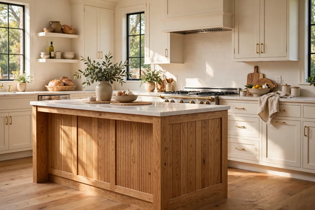 Natural oak kitchen island with honey grain standing before warm white cabinets