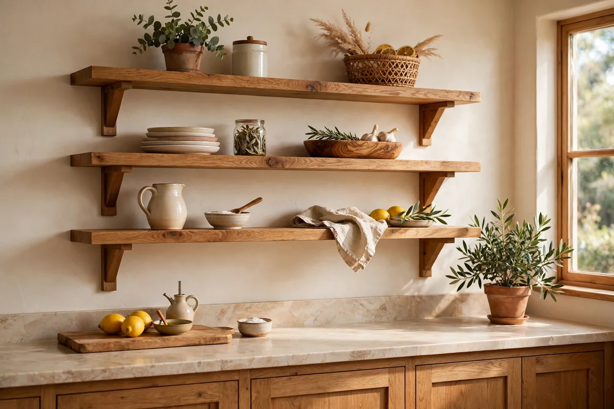 Two open oak shelves styled with cream bowls on a warm white kitchen wall