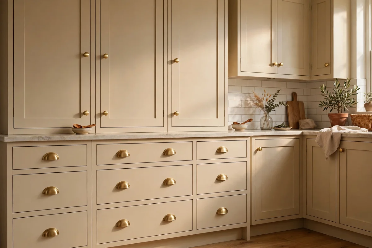 Brushed brass cup pulls and round knobs on creamy white kitchen drawers