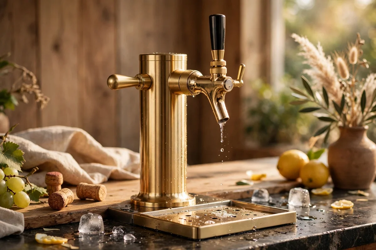 Champagne gold kitchen tap with curved spout over a cream ceramic sink