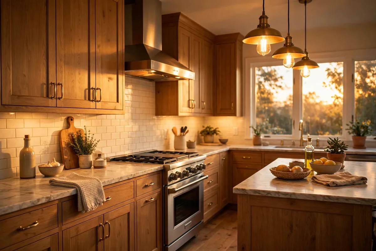 Warm golden kitchen lighting at 2700K glowing over creamy cabinets