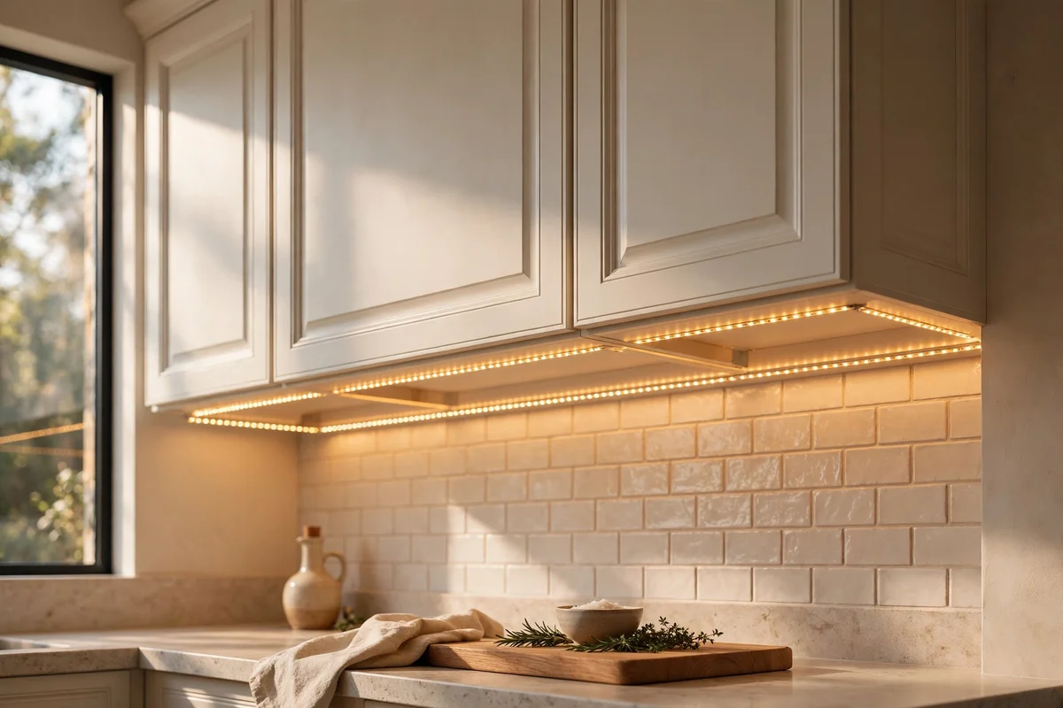 Warm LED strip light glowing beneath white wall cabinets over a countertop