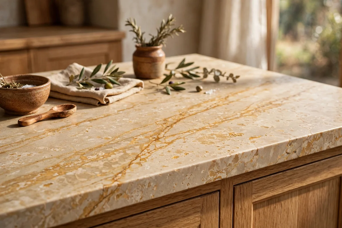 Cream stone worktop with warm beige and honey veining in a white kitchen