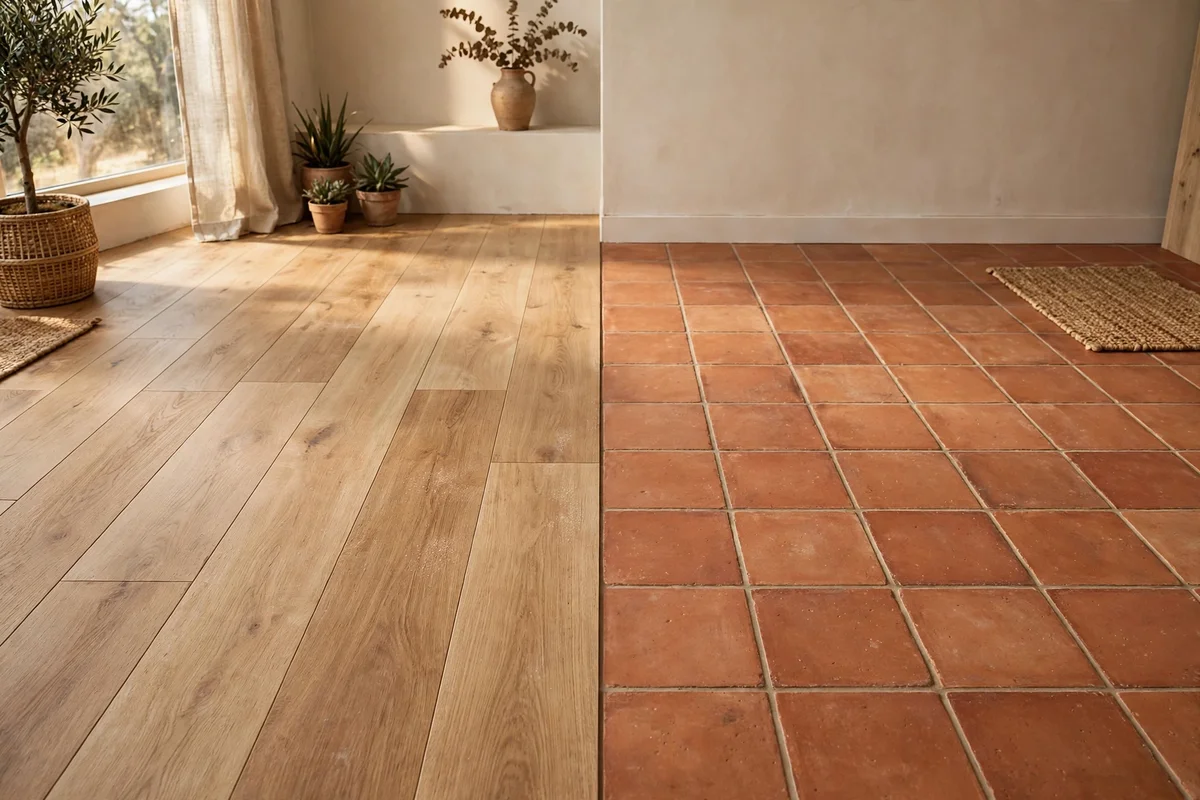 Honey oak plank flooring flowing through a warm white kitchen