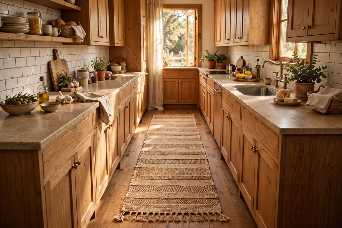 Woven jute runner in natural tones laid along a white kitchen galley