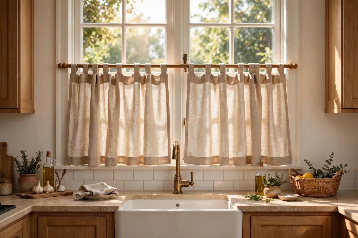 Oatmeal linen cafe curtain glowing softly on a kitchen window