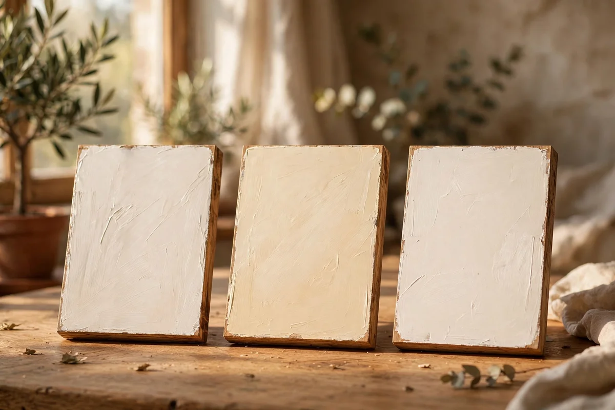 Painted warm white sample boards leaning against a kitchen wall in daylight