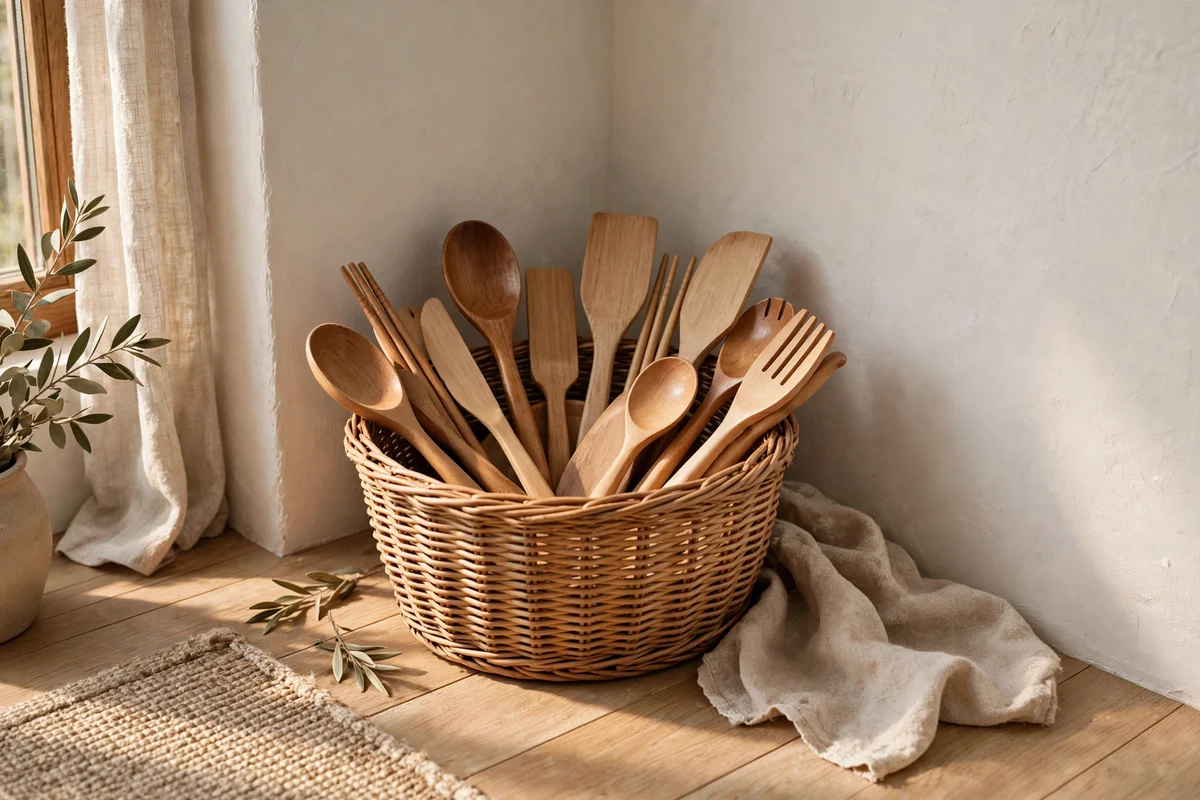 Woven seagrass basket of wooden utensils in a warm white kitchen corner