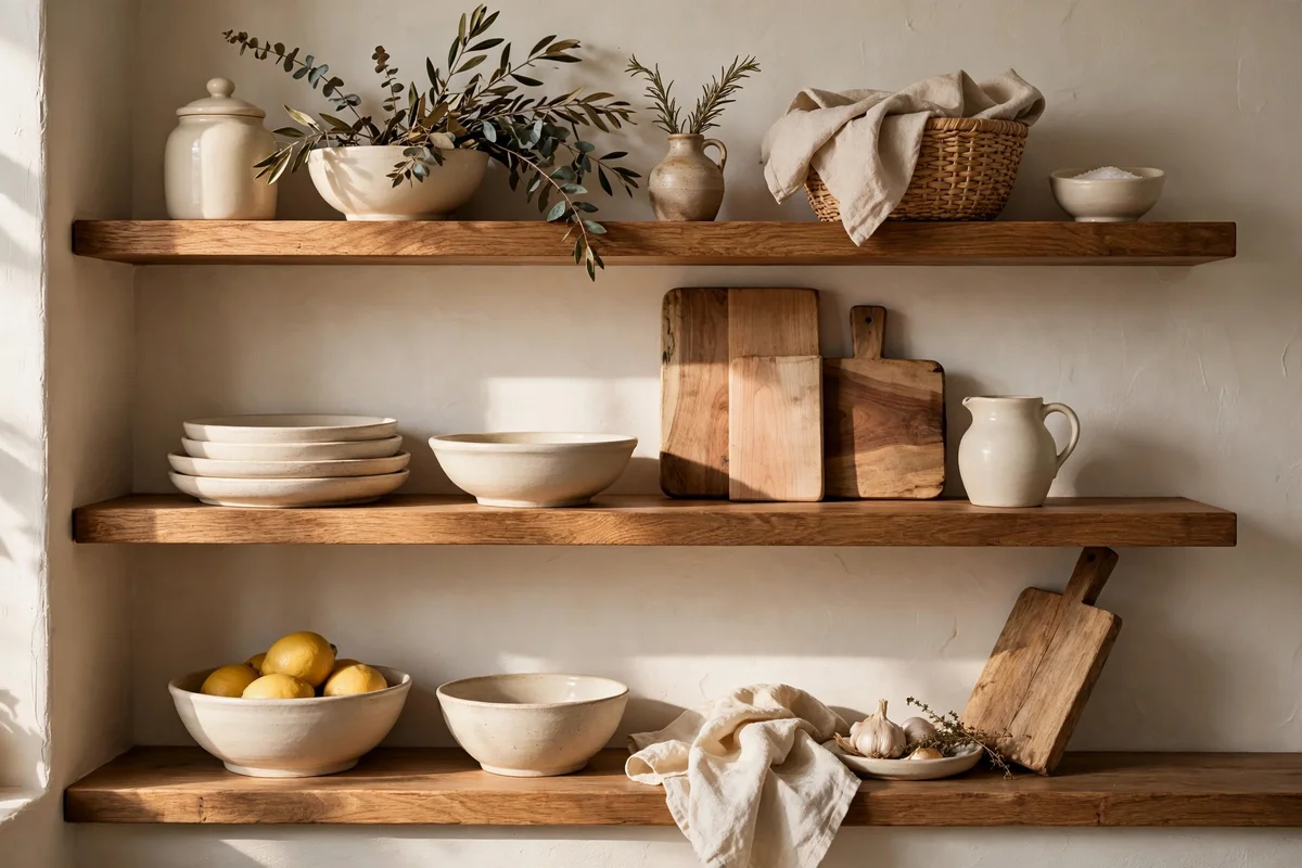 Cream stoneware bowls and wooden boards styled on open kitchen shelves