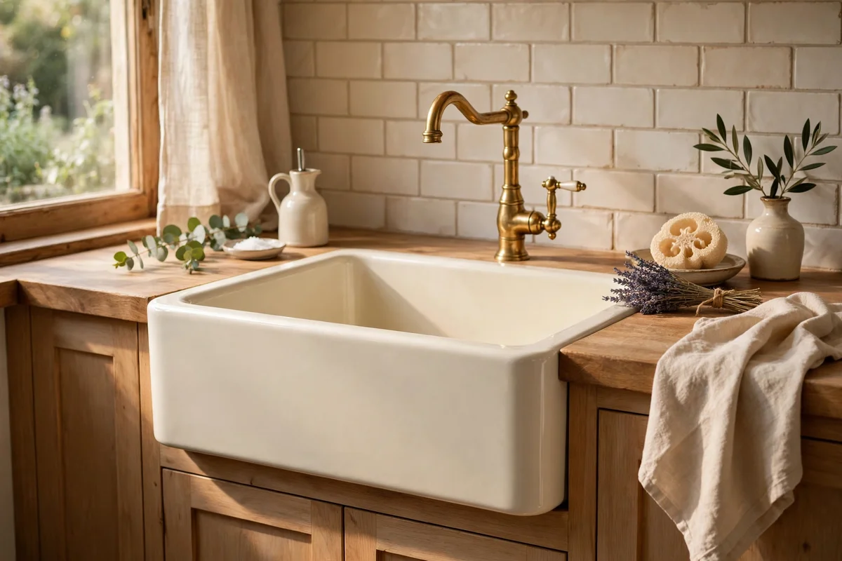 Cream ceramic apron front sink with brass tap in a warm white kitchen