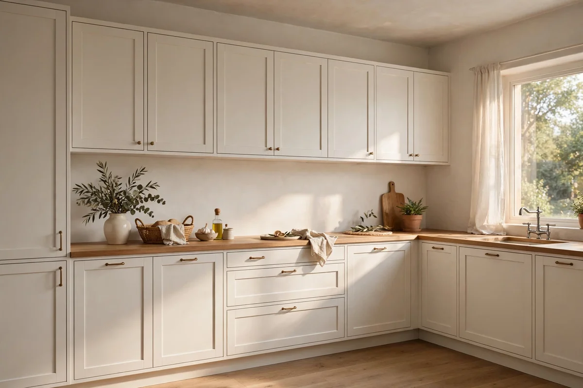 Kitchen walls and cabinets painted the same seamless warm white