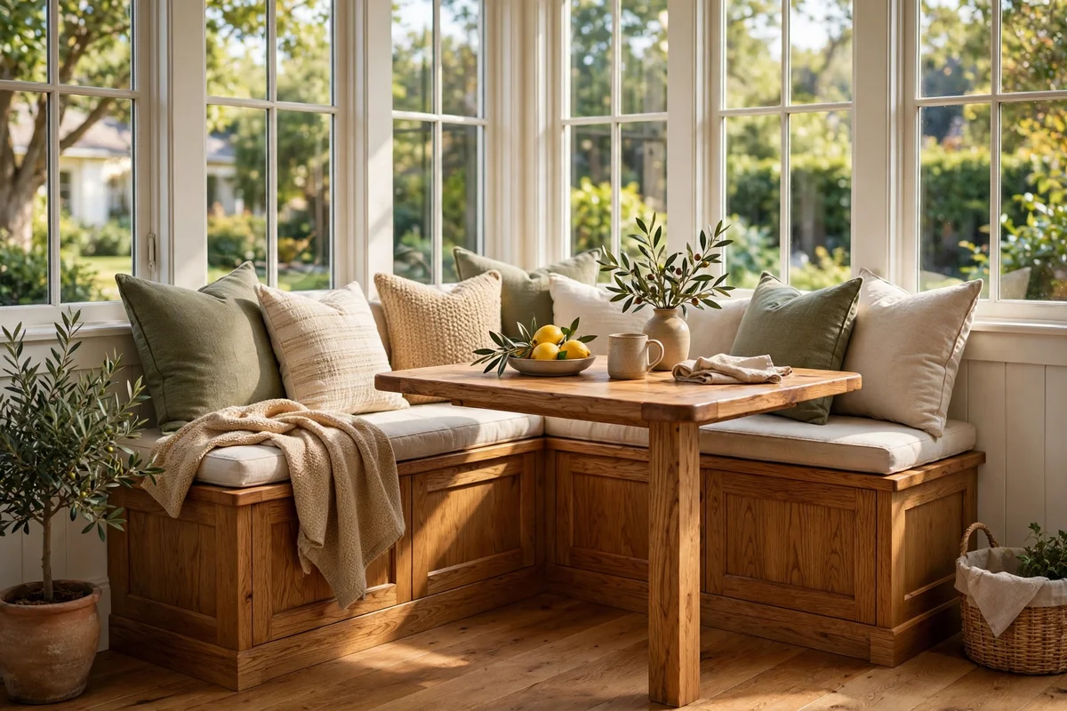 Honey oak breakfast nook bench with linen cushions by a kitchen window