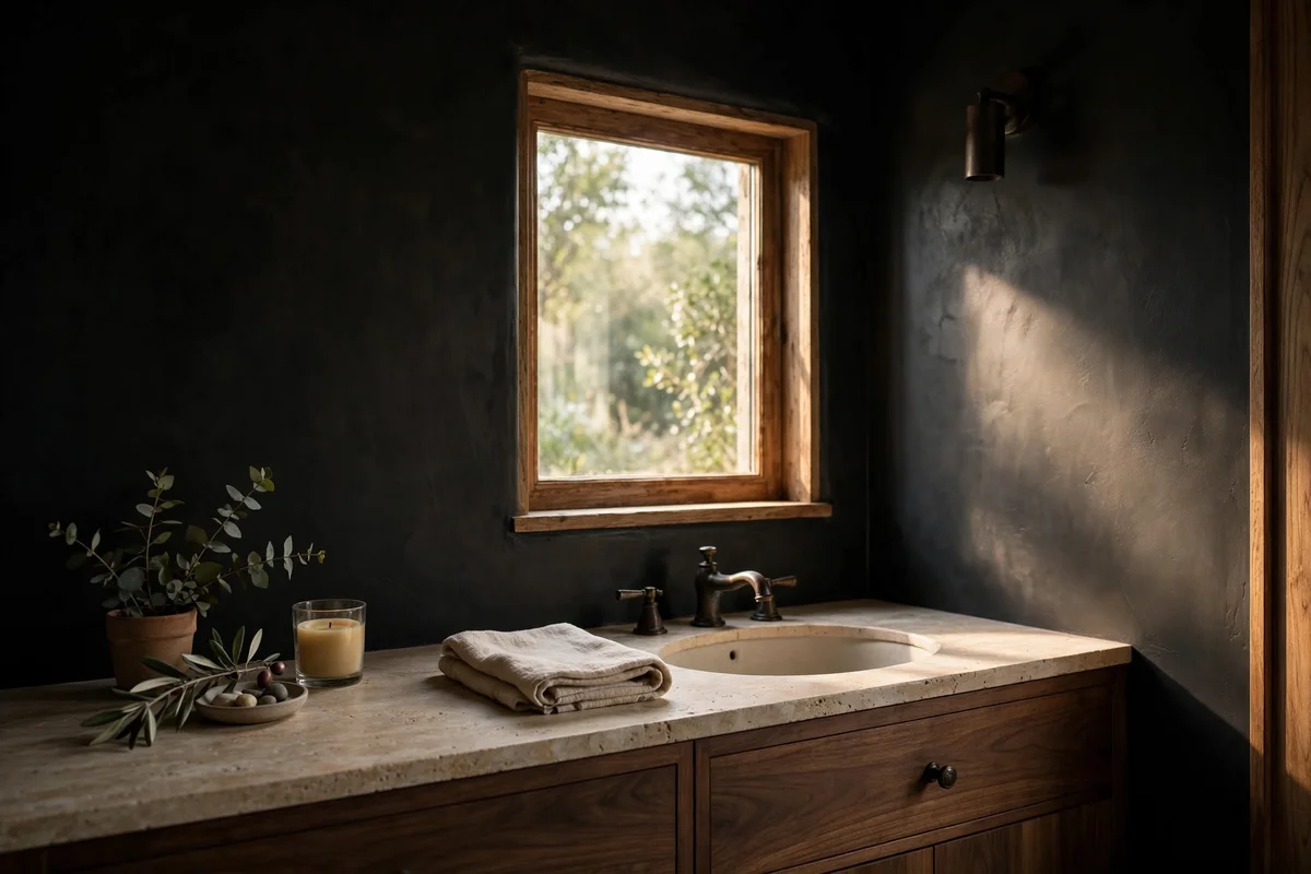 Oil rubbed bronze pendant shade adding dark contrast in a warm white kitchen