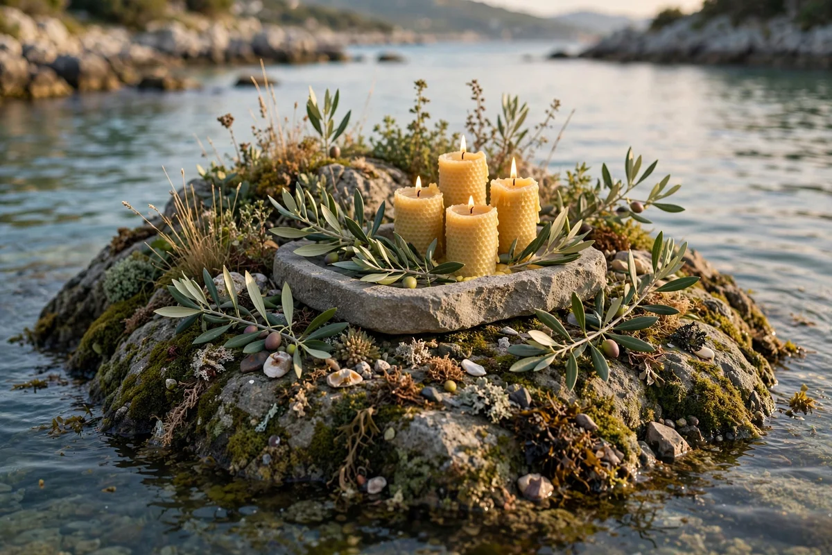 Stone tray with olive sprigs and beeswax candles styled on a kitchen island
