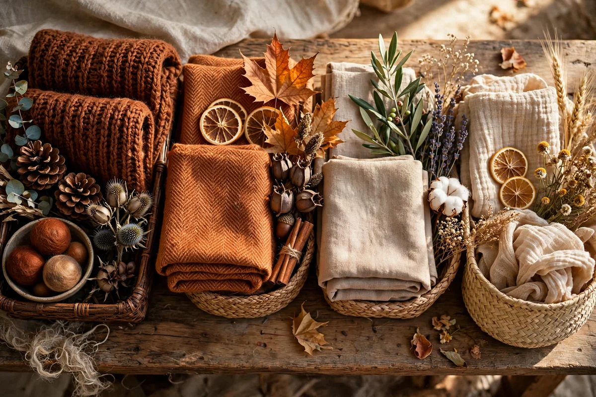 Seasonal warm textiles folded neatly in a cream and oat kitchen palette