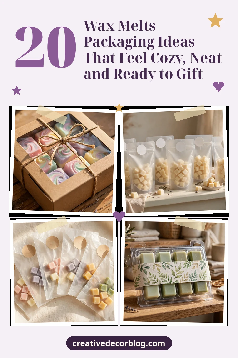 Pinterest pin with four wax melt packaging photos and the article title