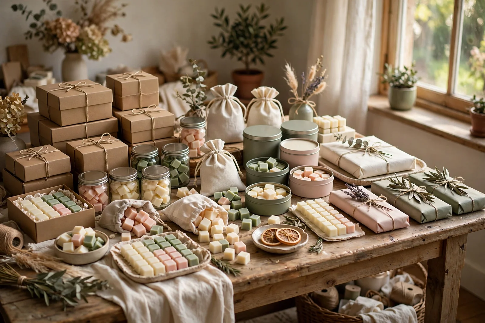 A cozy craft table covered with neatly packaged wax melts in boxes, jars, pouches and tins