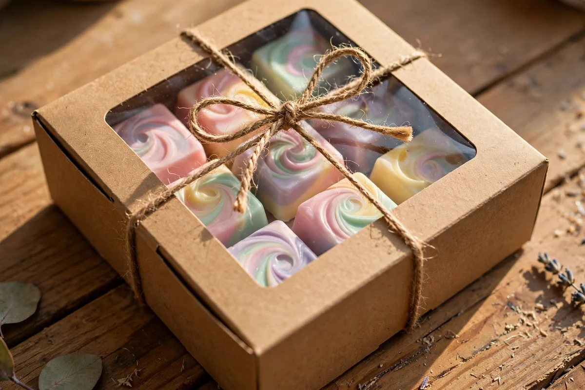 Swirled wax melts visible through the clear lid of a kraft box