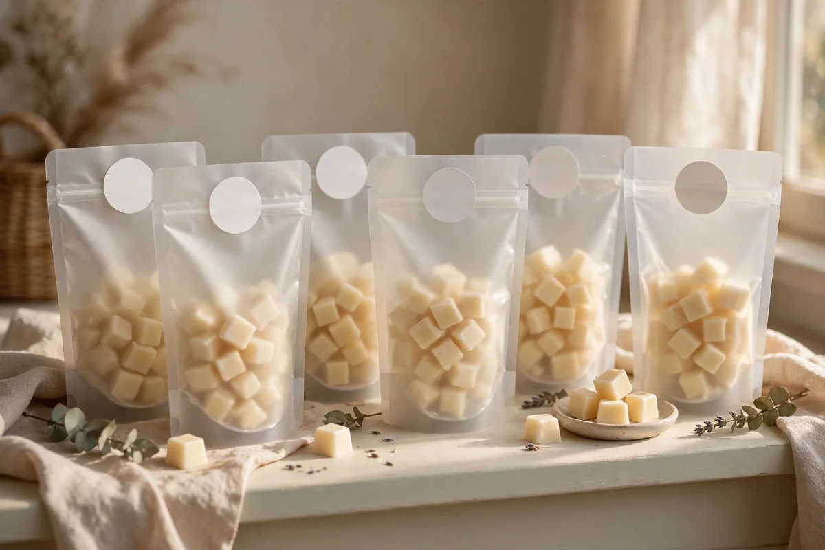 Frosted pouches of wax melts sealed with plain round stickers
