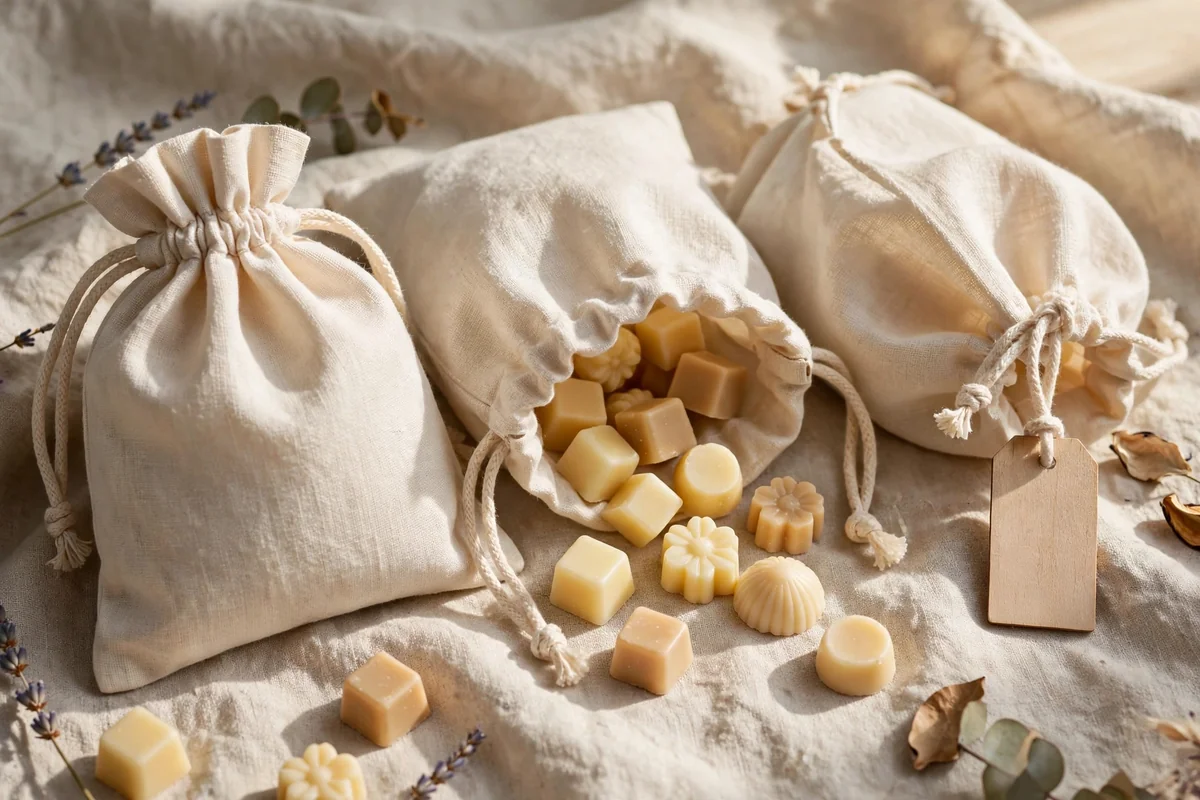 Cream linen drawstring pouches holding wax melts