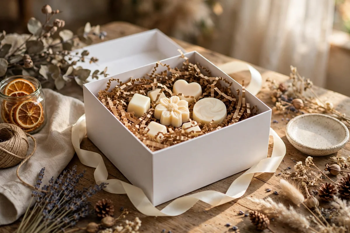 A rigid white gift box of wax melts with ribbon and crinkle fill