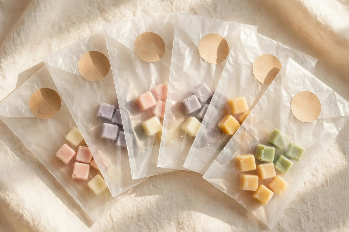 Glassine paper envelopes of wax melts fanned on a cream background