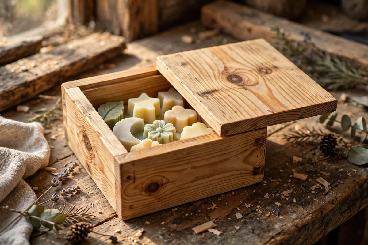 A small pine slide-lid box open to reveal shaped wax melts