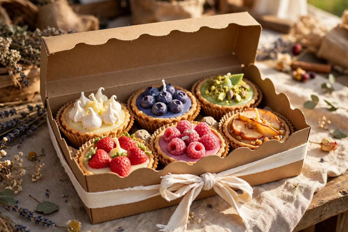 A scalloped bakery carton holding dessert shaped wax melts