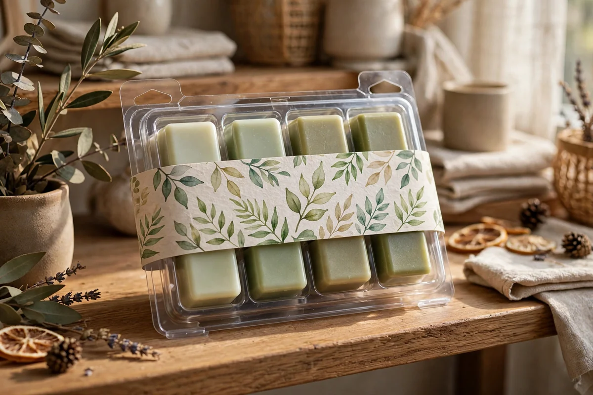 A clear clamshell of wax melts wrapped with a botanical paper band