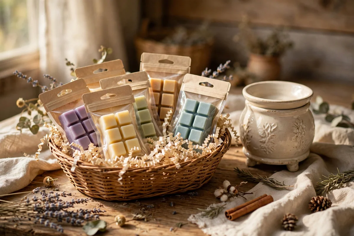 A woven basket gift set with wax melts and a ceramic warmer