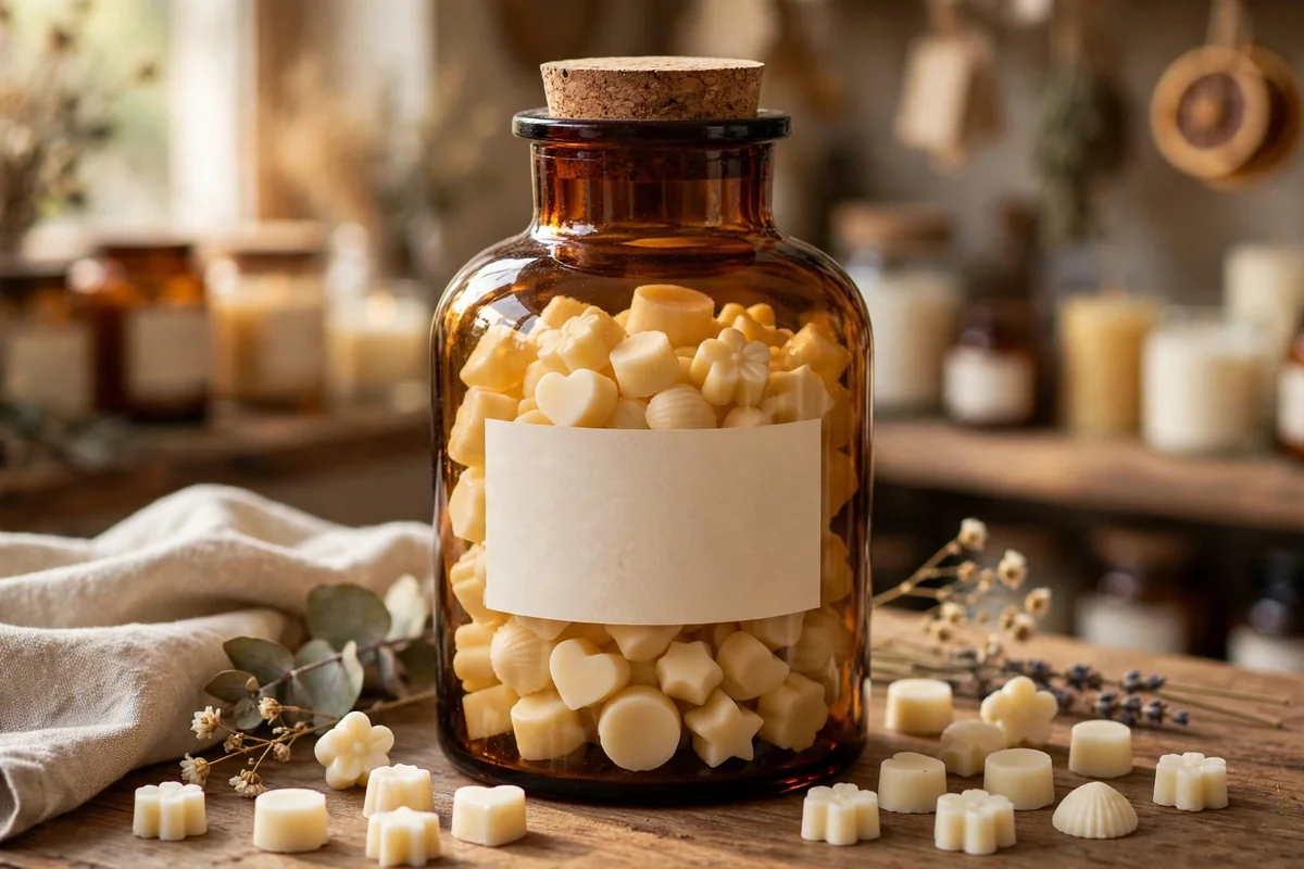 An amber glass jar of wax melts with a cork lid