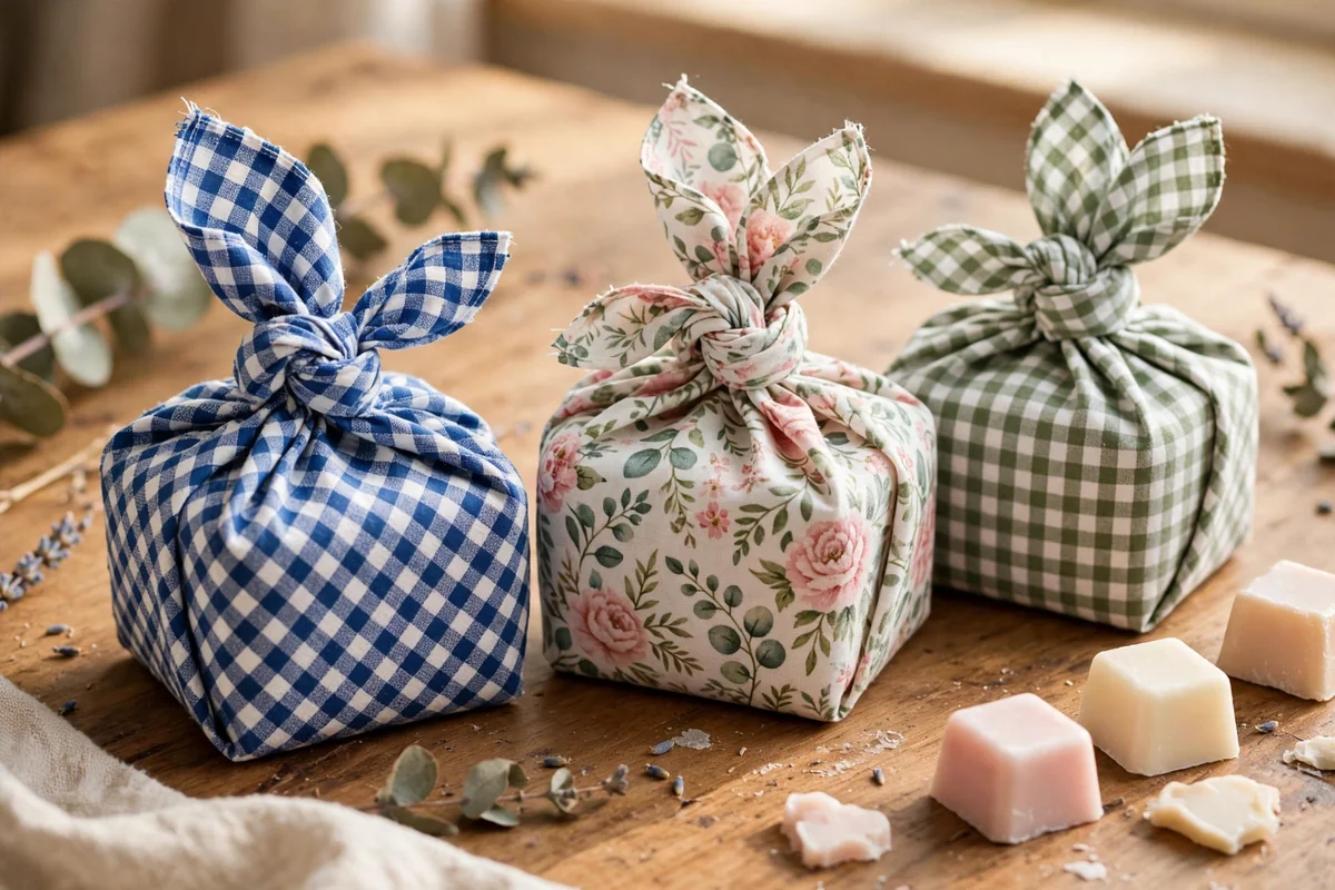 Wax melt pouches wrapped in patterned cotton cloth tied in knots