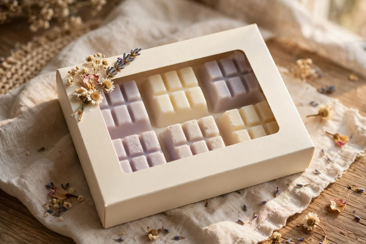 A cream wax melt box decorated with pressed dried flowers