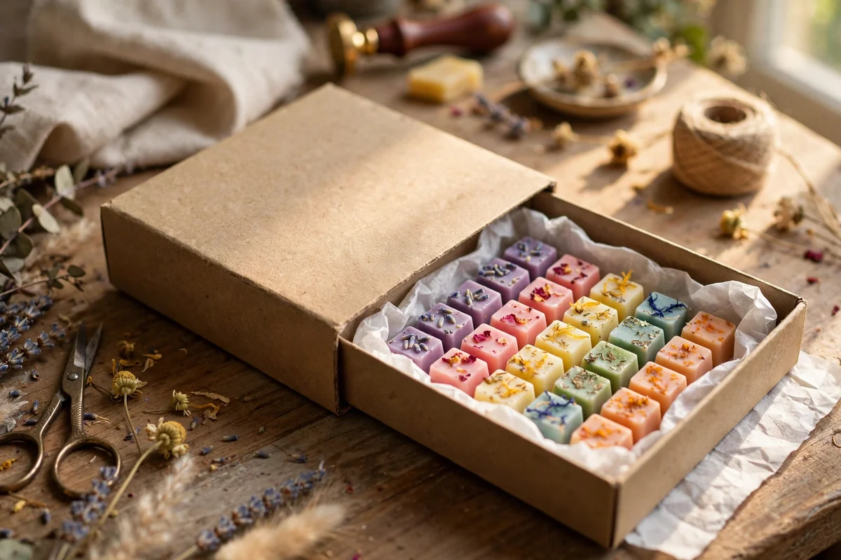 A drawer style box with neat rows of small wax melts