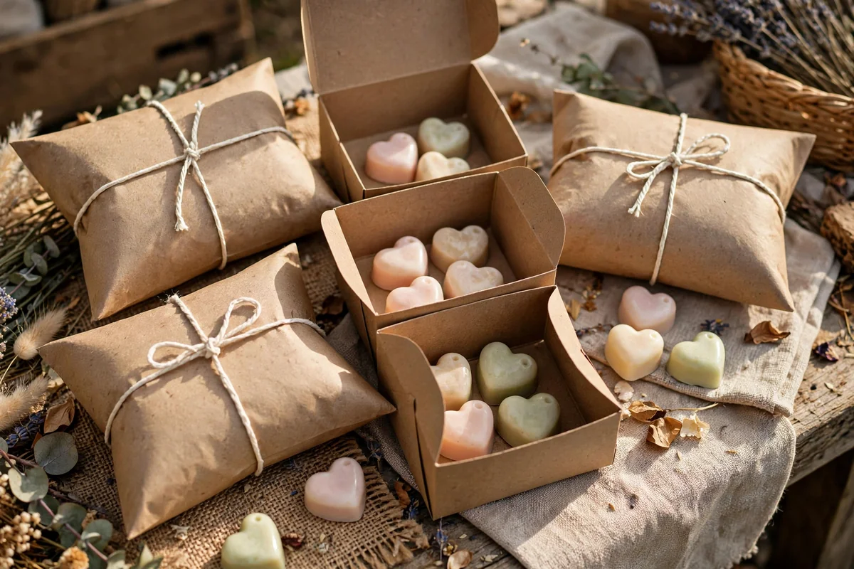 Kraft pillow boxes holding small heart shaped wax melts