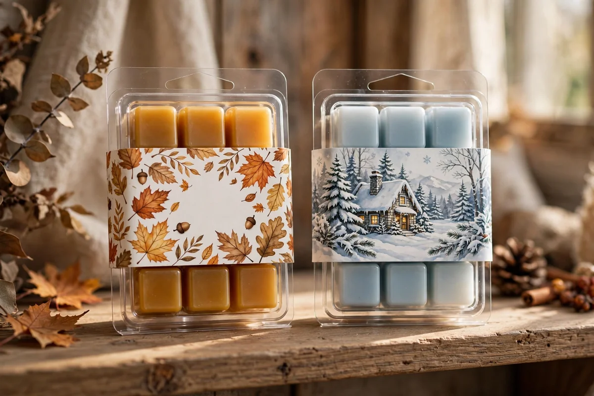 Wax melt boxes wearing different seasonal illustrated sleeves