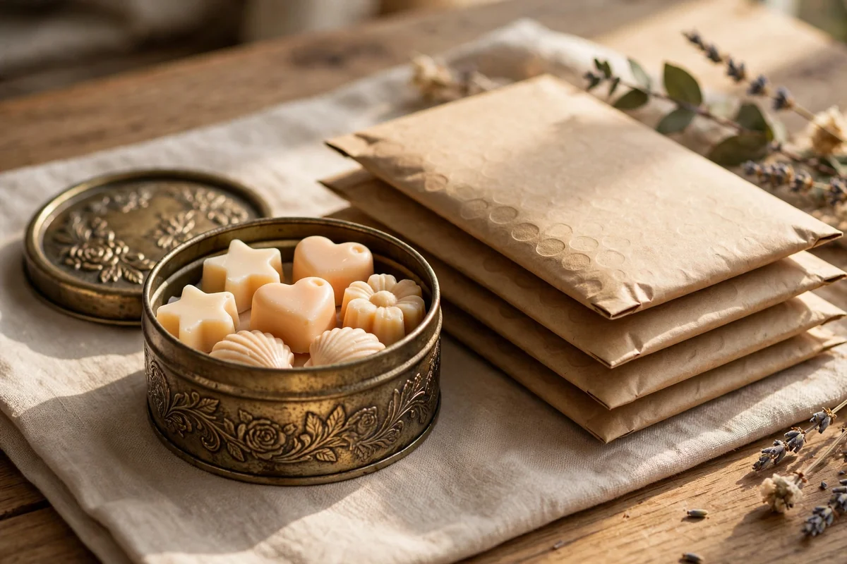 An open decorative tin of wax melts beside postal packaging