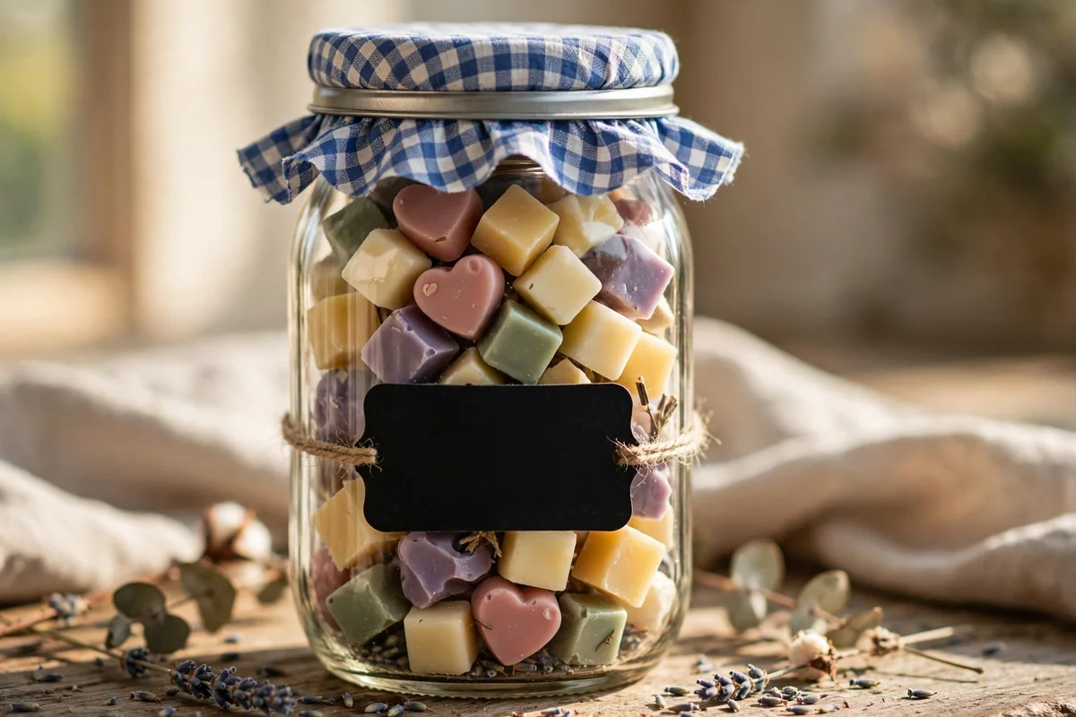 A mason jar of wax melts with a blank chalk style label