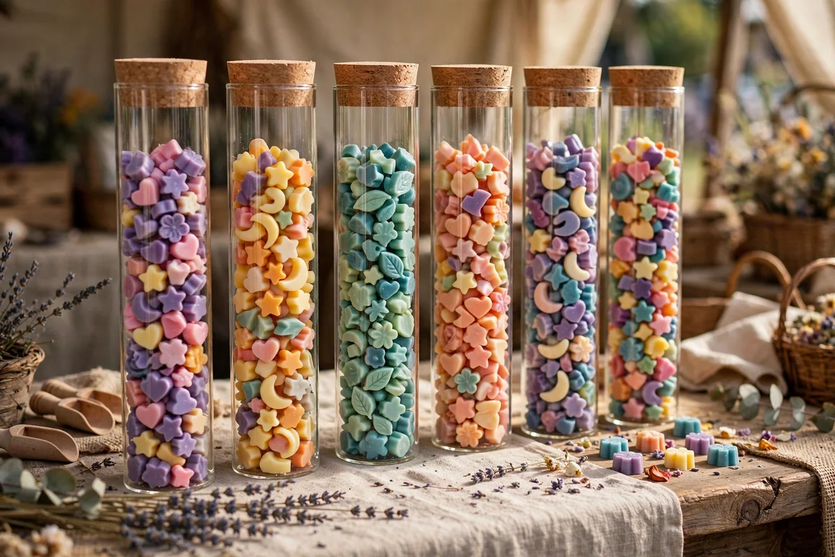 Clear tubes filled with colourful mini wax melts and cork stoppers